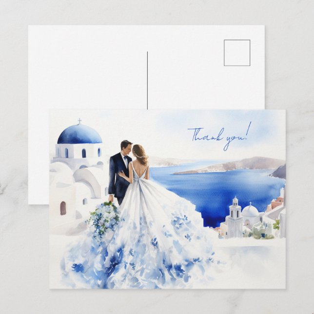 Postale Carte mariage avec aquarelle de Santorin (Devant / Derrière)