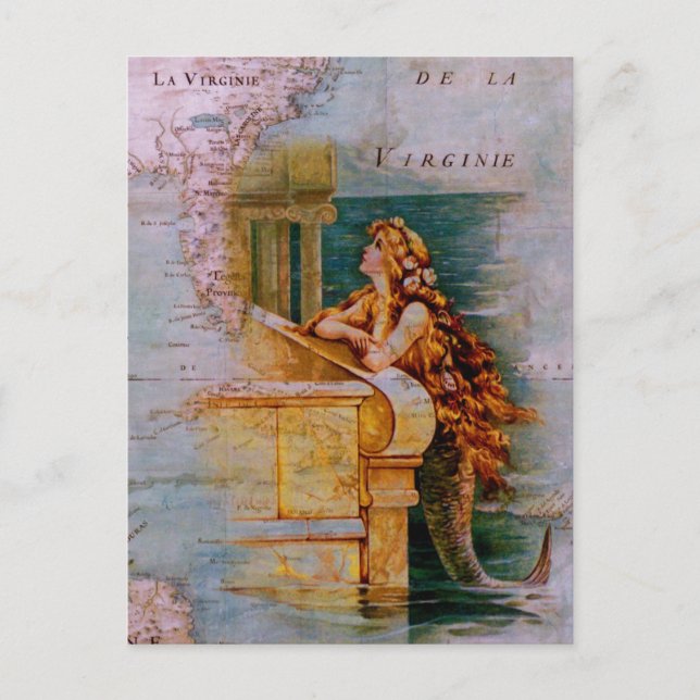 Postale Carte marine antique et sirène (Devant)