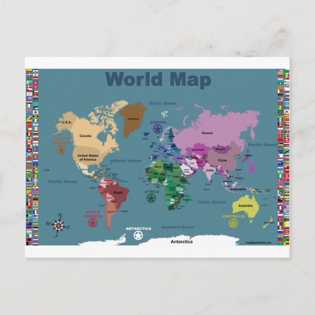 Postale Carte mondiale pour enfants avec drapeaux (Devant)