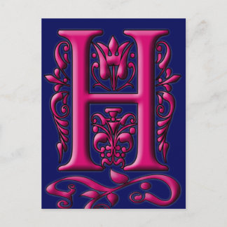 Postale Carte Monogramme H Fuschia Navy initiale