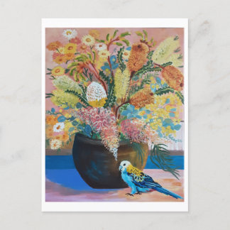 Postale Carte Perruche à tête pâle australienne et fleurs 