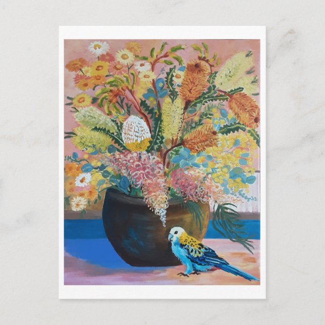 Postale Carte Perruche à tête pâle australienne et fleurs  (Devant)