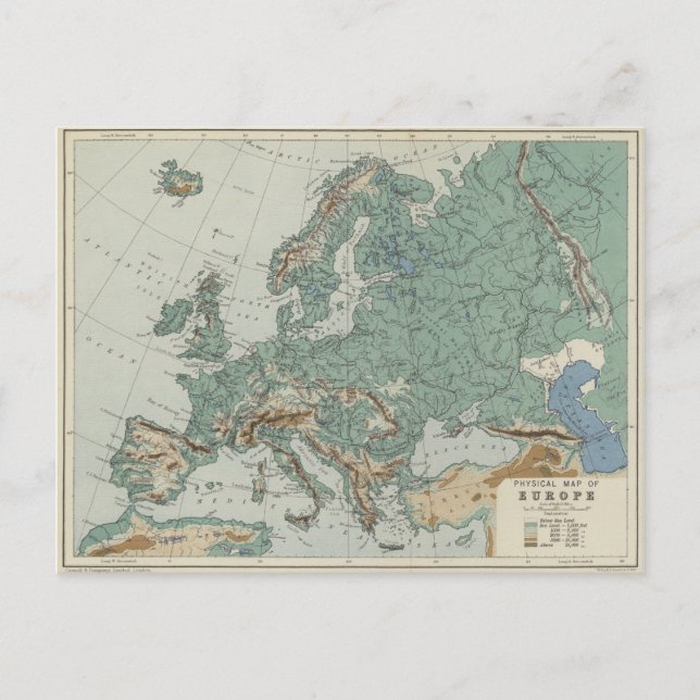 Postale Carte physique de l'Europe (Devant)