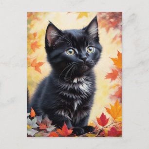 Postale Carte plate de scène d'automne avec chaton noir