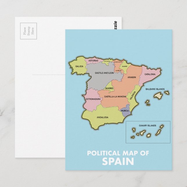Postale Carte politique de l'Espagne. (Devant / Derrière)