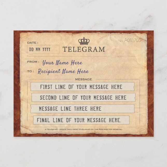POSTALE CARTE POST TELEGRAM AVEC VOTRE MESSAGE (Devant)