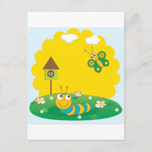 Postale Carte printemps mignonne avec chenille et papillon
