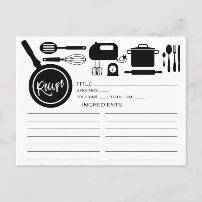Postale Carte Recette d'ustensiles de cuisine noir moderne (Devant)