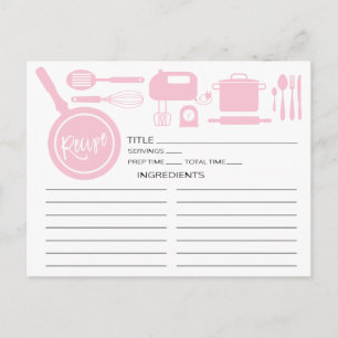 Postale Carte Recette d'ustensiles de cuisine rose moderne