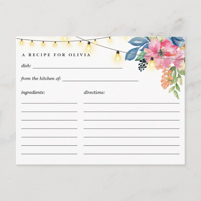 Postale Carte Recette Fête de Jardin, Fleurs et Lumières (Devant)