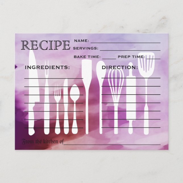 Postale Carte Recette Rétro Aquarelle Outils de cuisine (Devant)