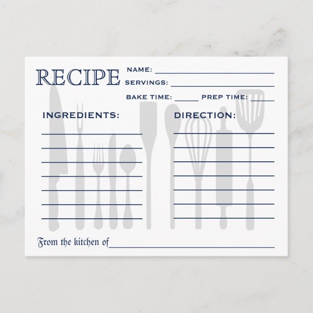 Postale Carte Recette Rétro avec Outils de Cuisine (Devant)