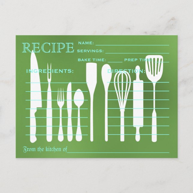 Postale Carte Recette Retro Chalkboard Vert Outils de cuis (Devant)
