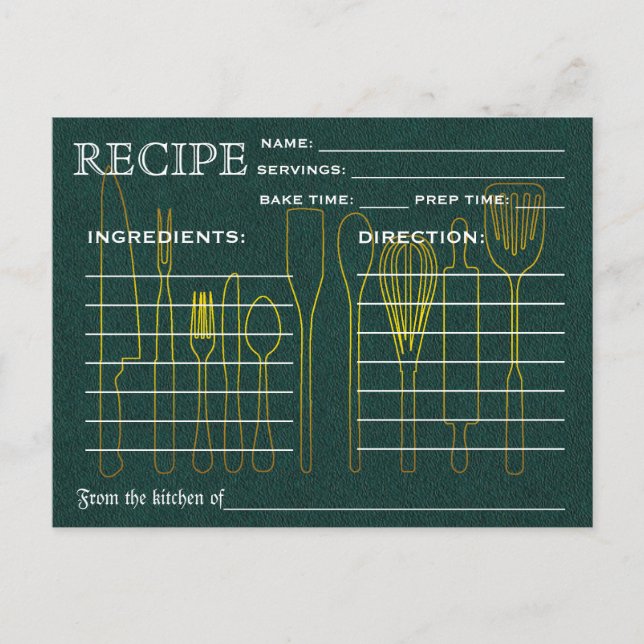 Postale Carte Recette Retro Chalkboard Vert Outils de cuis (Devant)