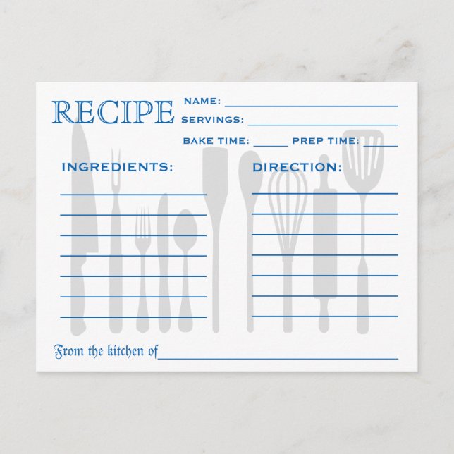 Postale Carte Recette Rétro Outils de cuisine Bleu rayé (Devant)