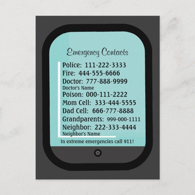 Postale Carte Réfrigérateur Contacts d'urgence (Devant)