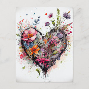 Postale Carte romantique de fleurs à l'aquarelle et au cœu