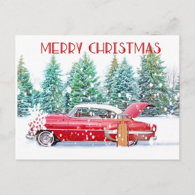 Postale Carte Rouge vintage En Neige (Devant)