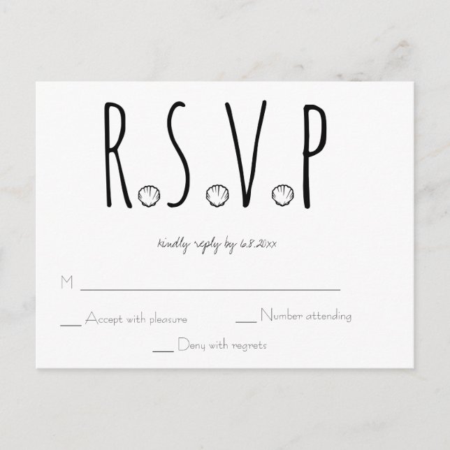Postale Carte RSVP Noir et Blanc Shell Beach Wedding (Devant)