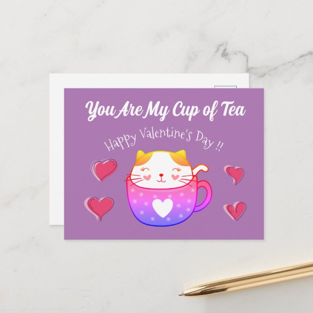 Postale Carte Saint Valentin avec un chat dans une tasse d (Devant/Arrière en situation)