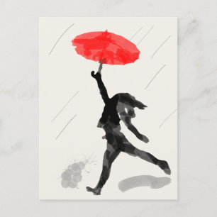 Postale Carte Sketch Fille Avec Parapluie Rouge