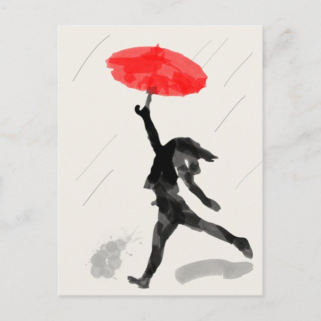 Postale Carte Sketch Fille Avec Parapluie Rouge (Devant)