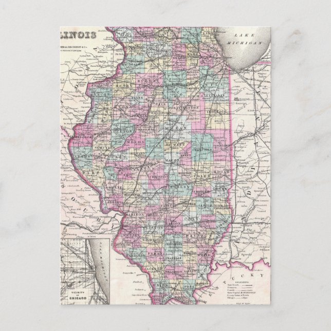 Postale Carte vintage de l'Illinois (1855) (Devant)