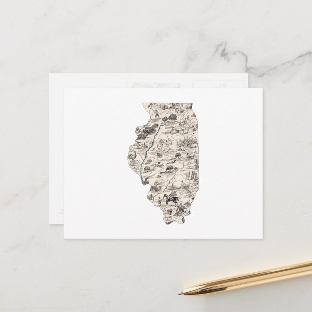 Postale Carte Vintage de l'Illinois Antique State Chart (Devant/Arrière en situation)