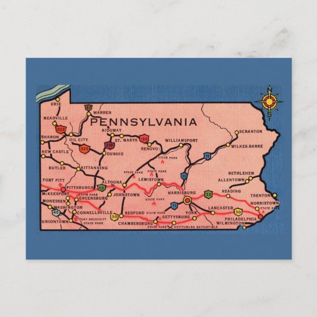 Postale Carte vintage de Pennsylvanie bleu  (Devant)