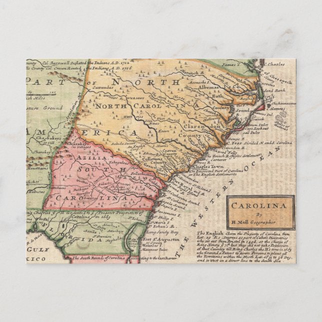 Postale Carte vintage des Carolinas (1746) (Devant)
