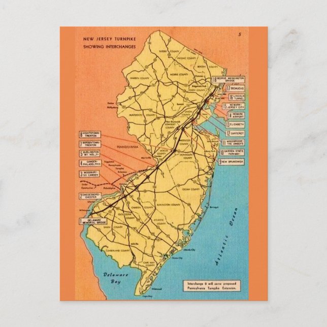 Postale Carte vintage du New Jersey Turnpike (Devant)