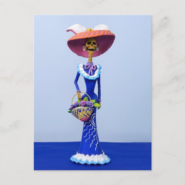 Postale Catrina en robe bleue et chapeau rose Carte postal (Devant)