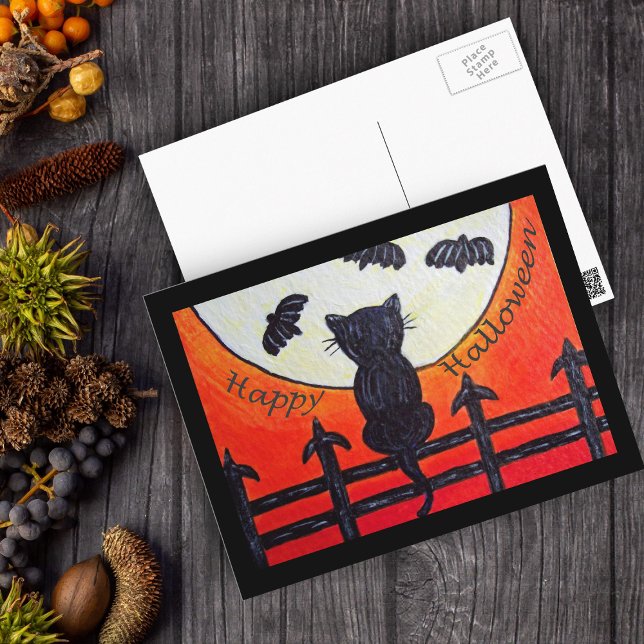 Postale Chat d'Halloween sur une clôture dans la carte pos (Black Cat on fence full moon bats on Happy Halloween postcard.)