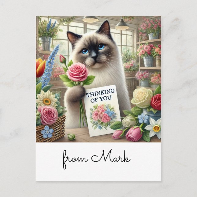 Postale Chat fleuriste avec carte penser à vous (Devant)