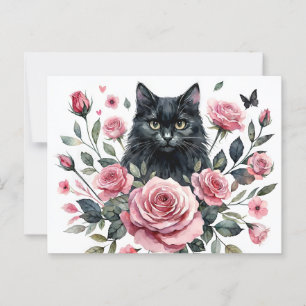 Postale Chat noir avec Roses roses roses Aquarelle Carte p