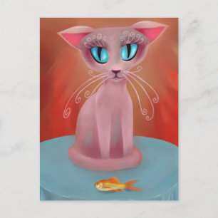 Postale Chat rose avec un poisson rouge sur une carte de t
