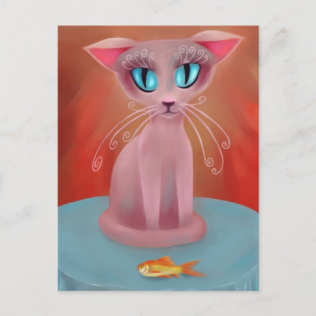 Postale Chat rose avec un poisson rouge sur une carte de t (Devant)