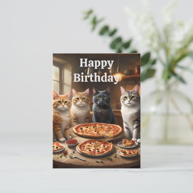 Postale Chats amateurs de pizza, carte d'anniversaire (Debout devant)