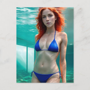 Postale Cheveux rouges Bikini bleu sous l'eau Carte postal