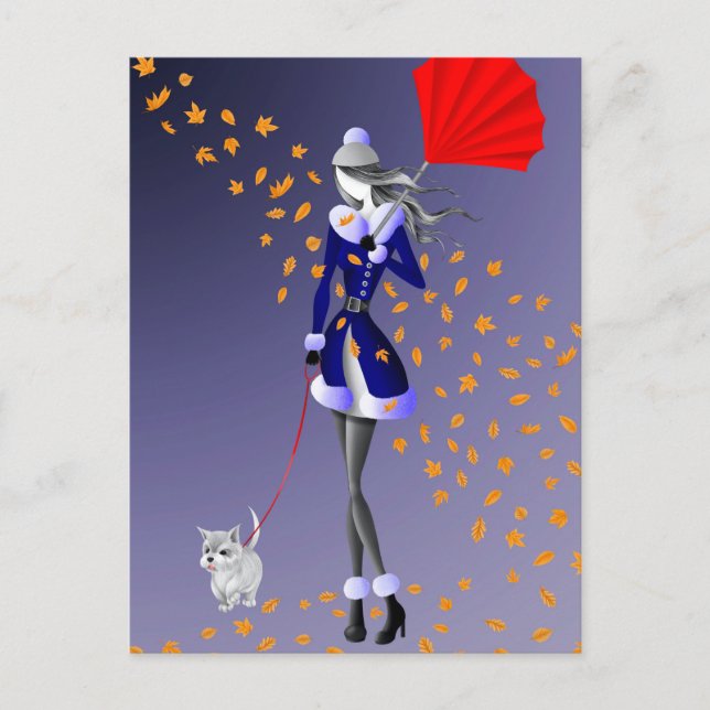 Postale Chien & Dame Feuilles d'automne Bleu  Carte postal (Devant)
