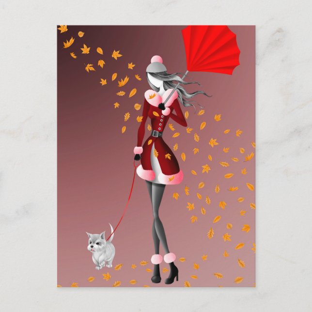 Postale Chien & Dame Feuilles d'automne rouges Carte posta (Devant)