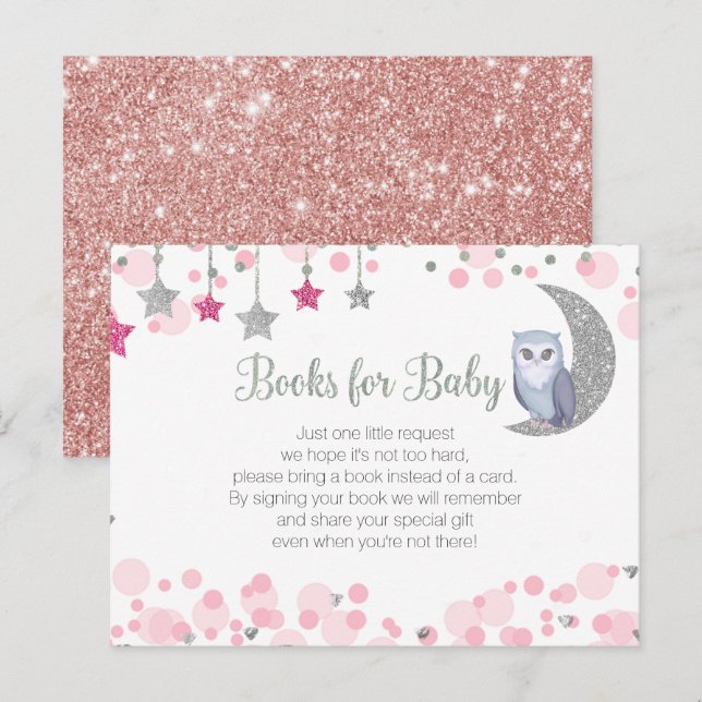 Postale Chouette sur la lune Baby shower rose Livres Carte (Devant / Derrière)