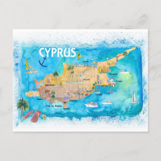 Postale Chypre Carte illustrée avec les principaux points 