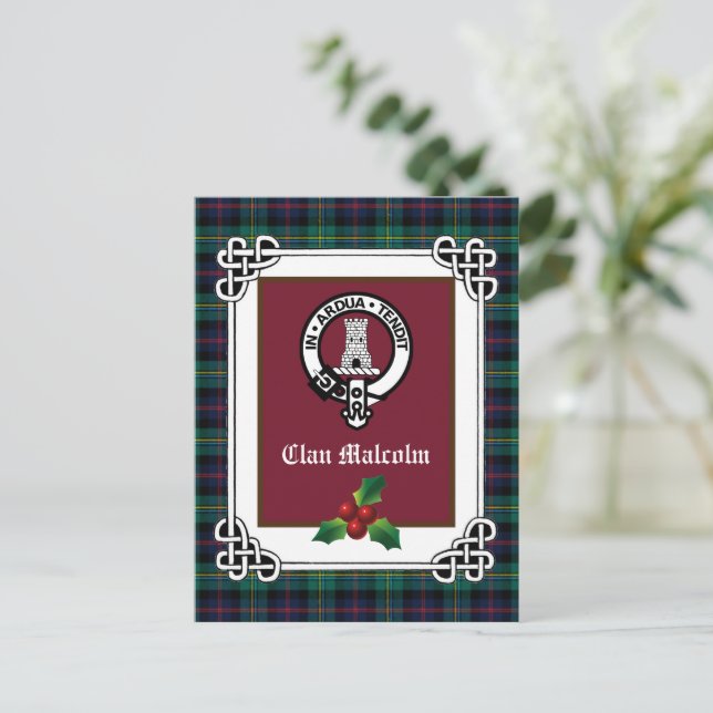 Postale Clan Malcolm Crest Badge & Tartan Holiday Carte po (Debout devant)