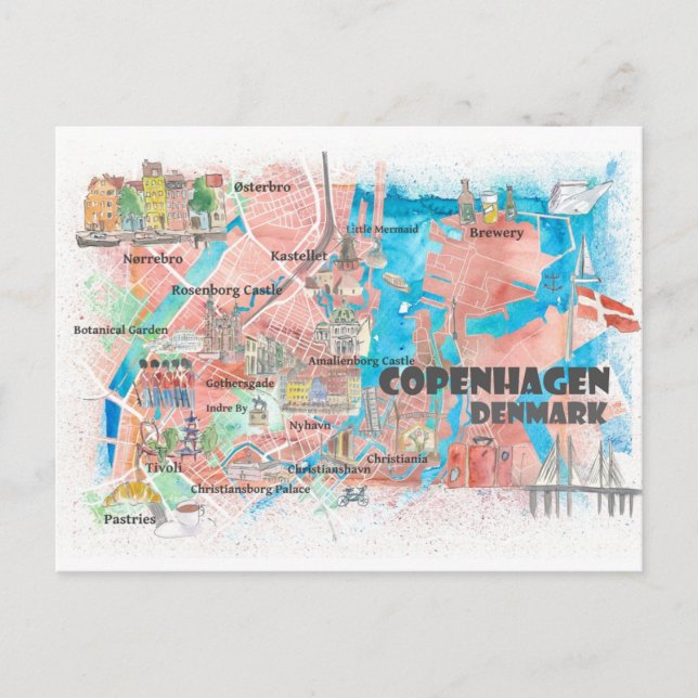 Postale Copenhague Danemark Carte illustrée avec les route (Devant)