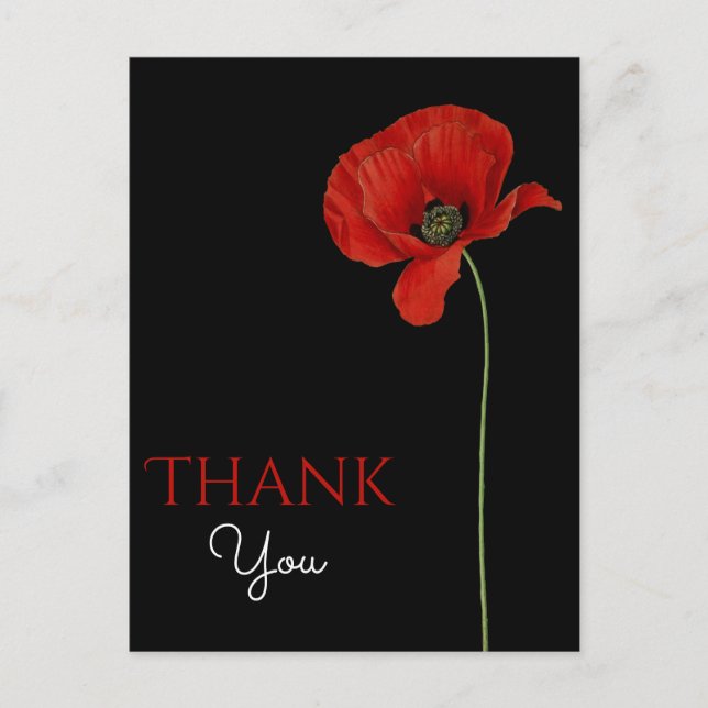 Postale Coquelicot rouge monogrammé sur carte Merci noire (Devant)