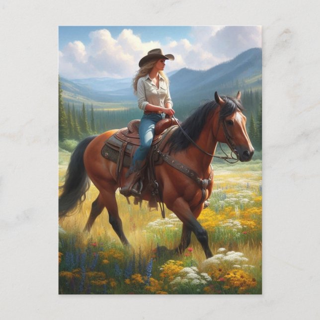 Postale Cowgirl équitation cheval à travers la carte posta (Devant)
