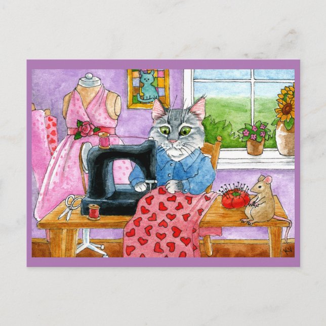 Postale Cute Chat, Souris, couture couturière carte postal (Devant)