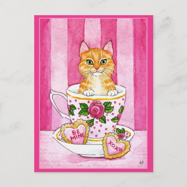 Postale Cute chat tasse de thé Valentines Day carte postal (Devant)