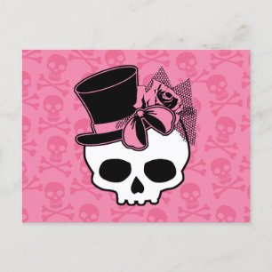 Postale Cute Crâne Avec Haut Chapeau Rose Rose Bow Carte P